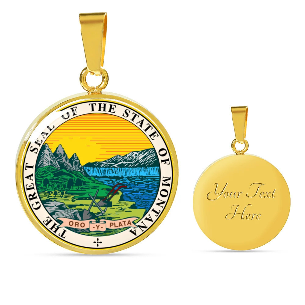 Montana State Seal Personalized Engraved Gold Circle Necklace Custom Name Date